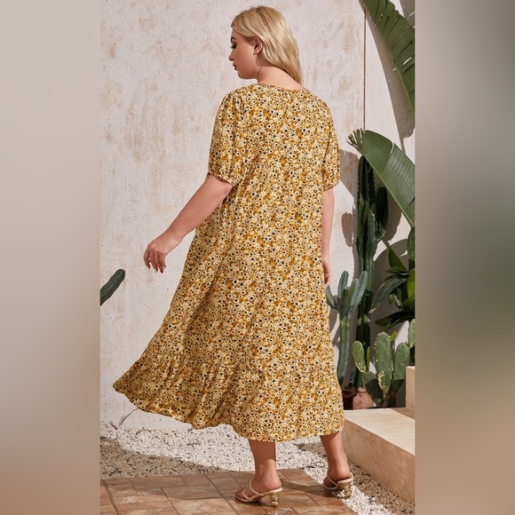 SHEIN Curve Yellow/Blue Floral Ruffle Midi Dress - Size 0XL - Picture 2 of 7